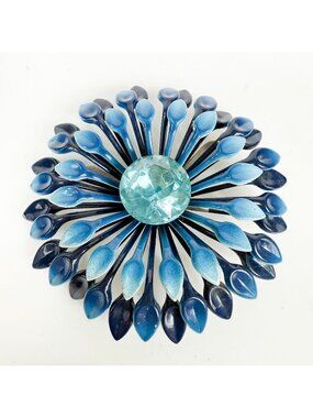 Vintage Flower Power Metal Blue Enamel Rhinestone 3 layered Brooch Aster Daisy